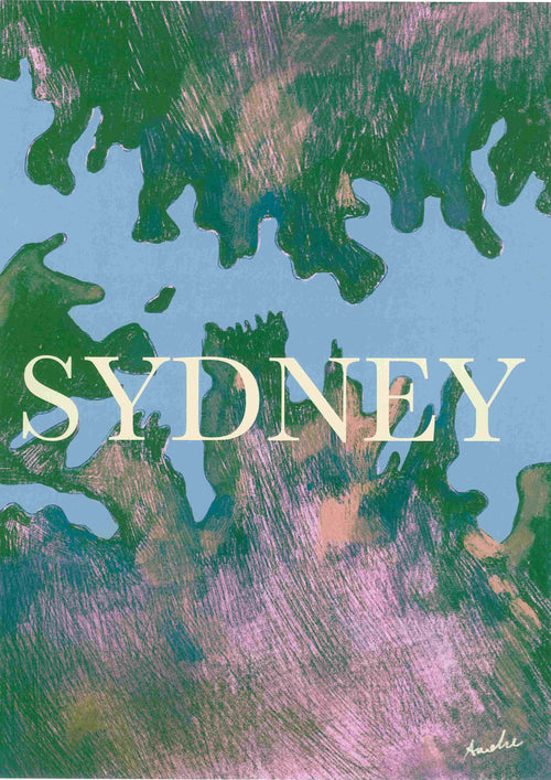 Annalisa Biancardi's "Something About Sydney" from Blue Dog Posters is an abstract painting featuring a blue and green palette with rough brush strokes, overlaid with "SYDNEY" in large, white capital letters.