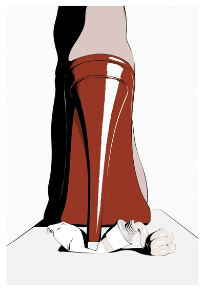 Illustration of Squeeze by Westmotel, featuring a red high-heeled shoe crushing a toothpaste tube, with a clenched fist beside it, on a white surface. Brand: fap.