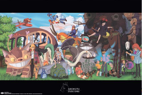 The MTV 180 "Studio Ghibli Group" poster features Totoro, Catbus, Howl, and Kiki in a vibrant fantasy landscape. Printed on premium gloss paper, it captures lush greenery and whimsical details of your favorite anime characters.