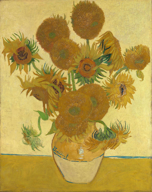 The Sunflowers - Vincent Van Gogh by GAL72 features a yellow vase with sunflowers, some upright and some drooping, set on a yellow surface with a pale yellow backdrop. The vase is inscribed "Vincent," evoking Van Gogh’s iconic painting.
