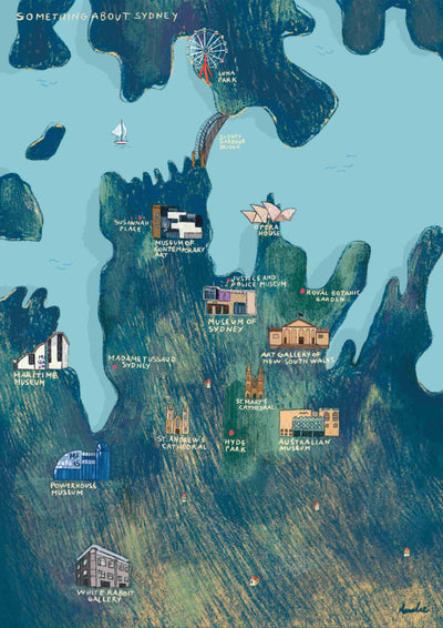 Sydney Isometric by Annalisa Biancardi from Blue Dog Posters is a colorful illustrated map of Sydney. It features stylized depictions of landmarks such as Luna Park, the Sydney Harbour Bridge, the Sydney Opera House, the Powerhouse Museum, and the Royal Botanic Garden with 'Something about Sydney' text.