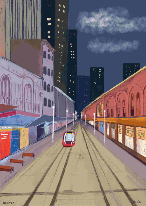The artwork "Sydney City" by Annalisa Biancardi, available from Blue Dog Posters, showcases a red streetcar navigating through a Sydney city street at night. It features a starry sky and streetlights amidst a blend of historical and modern buildings.