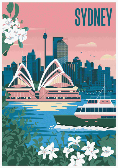 Sydney Opera House & Ferry - Liza Murphy by fap showcases an illustrated view of Sydney, highlighting the iconic Opera House, a bustling cityscape, and a waterway with a boat in the foreground. The sky is painted with a pinkish hue and flowers bloom in the foreground. The word 'SYDNEY' adorns the top right corner.