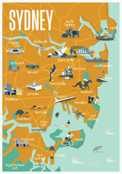 Explore Sydney with the vibrant "Sydney Map - Liza Murphy" by fap, showcasing key locations like the Opera House, Harbour Bridge, Bondi Beach, and Taronga Zoo. This colorful map features various landmarks, suburbs, and activities such as biking and surfing, complete with an airplane symbol near the airport.
