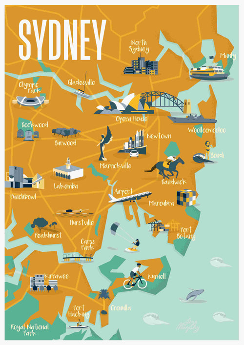 Explore Sydney with the vibrant "Sydney Map - Liza Murphy" by fap, showcasing key locations like the Opera House, Harbour Bridge, Bondi Beach, and Taronga Zoo. This colorful map features various landmarks, suburbs, and activities such as biking and surfing, complete with an airplane symbol near the airport.