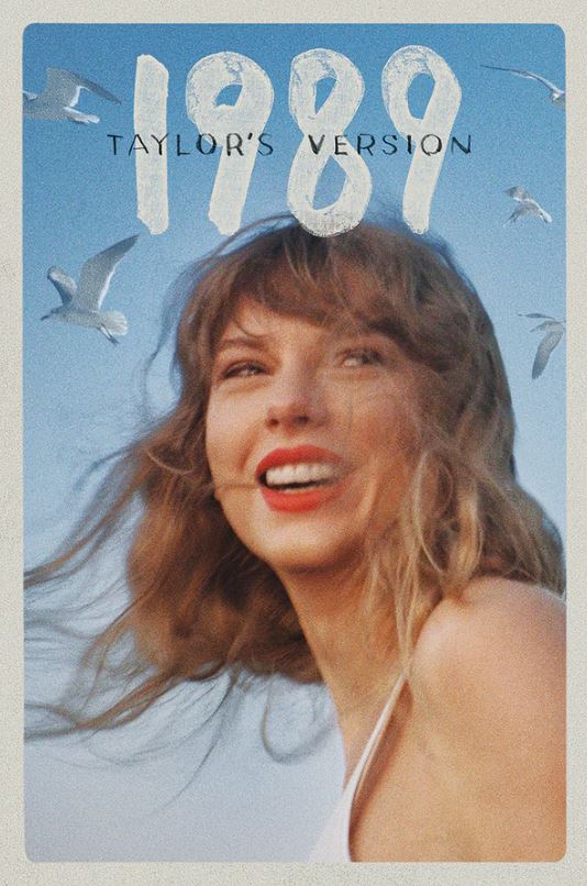 A smiling woman with wavy hair stands outdoors under a blue sky with seagulls. The MUS 143 Taylor Swift 1989 Taylors Version poster features bold white text and is printed on premium gloss paper for vibrant color.