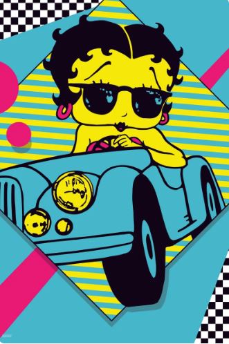 The ALT 048 "Betty Boop New Wave" poster shows Betty Boop in sunglasses and earrings driving a blue vintage car, set against bold yellow stripes, blue/pink shapes, and checks, printed on premium 150gsm gloss paper.
