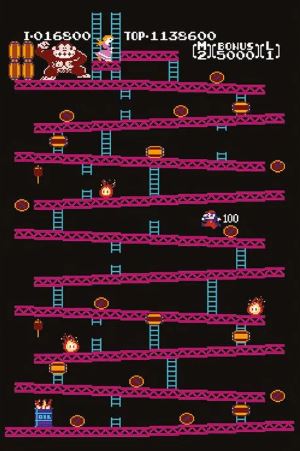 Screenshot from NES Donkey Kong by GAM 051—ideal for a gaming poster or collection. Features Mario climbing ladders, dodging barrels and fireballs as he tries to reach Donkey Kong at the top.