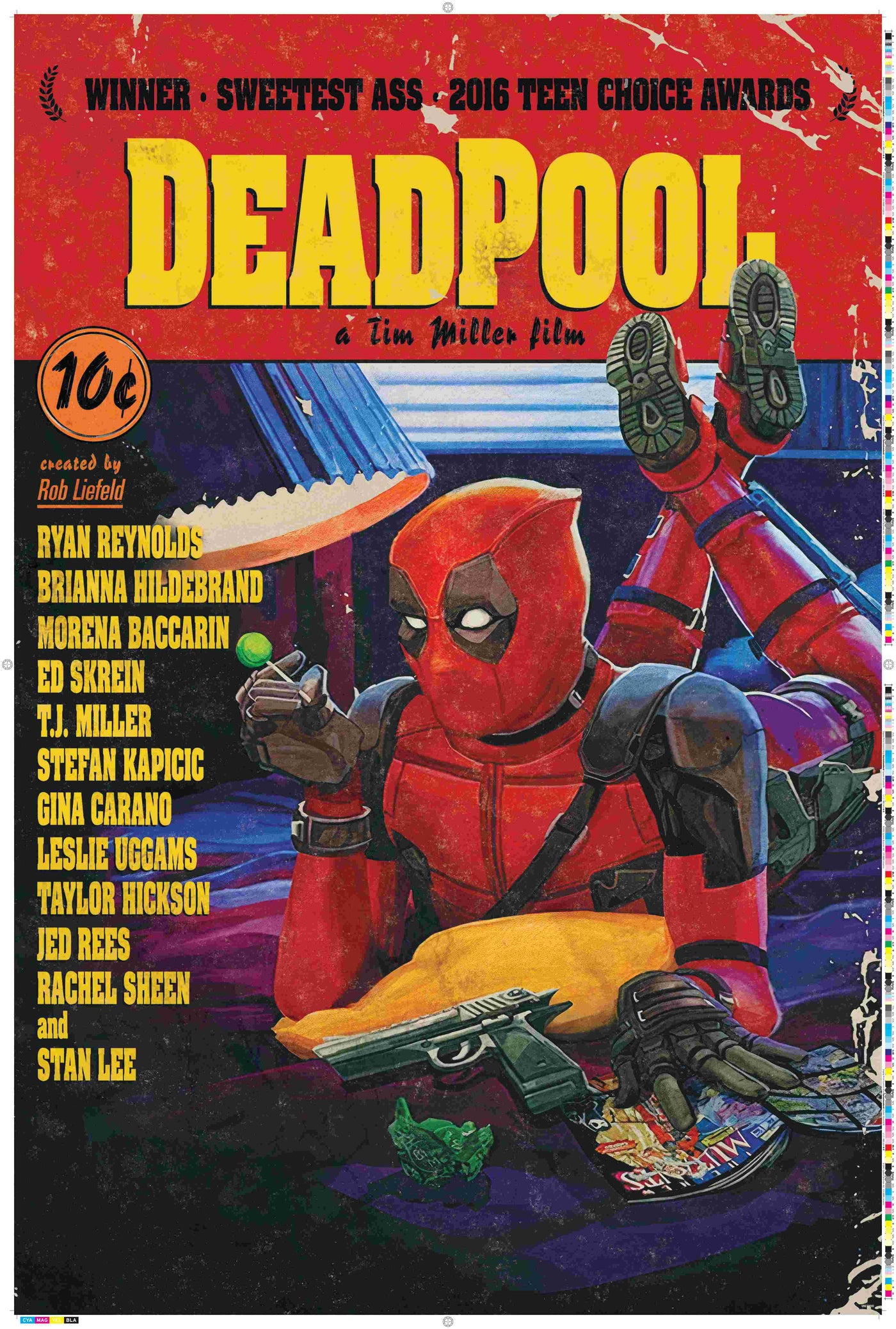 A vintage-style comic cover features Deadpool lounging on a bed with chips and a gun. The bold yellow "Deadpool Fiction" title by MTV 251 makes it perfect for any Movies & TV Collection.