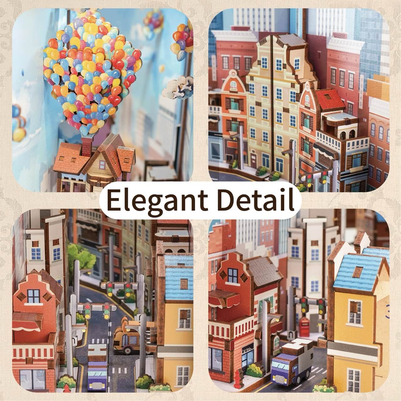 Four panels depict intricate miniature city scenes with vibrant buildings, streets, vehicles, and balloons—capturing the charm of the Travel With the Wind Book Nook Tonecheer by Blue Dog Posters. “Elegant Detail” appears in the center.