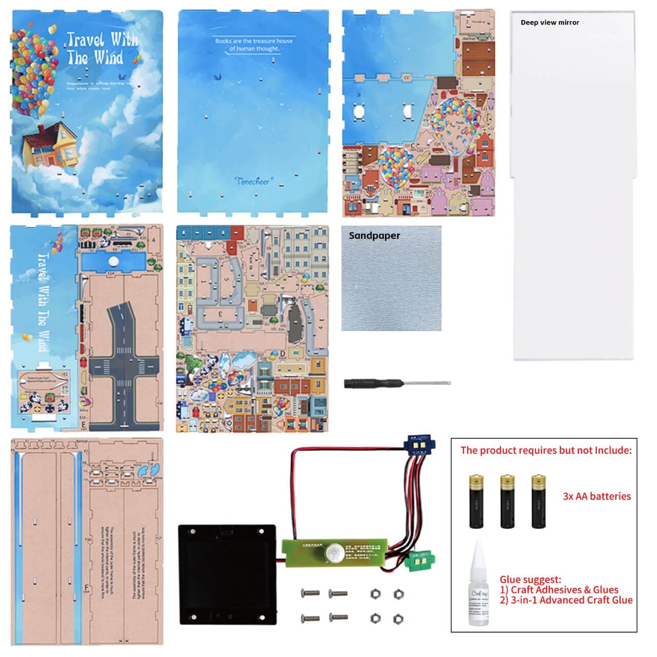 Flat lay of the "Travel With the Wind Book Nook Tonecheer" by Blue Dog Posters, a DIY kit with illustrated wooden sheets, sandpaper, screwdriver, mirror panel, electronic parts, screws, battery slots & glue tips. Instructions and batteries not included.