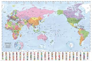 The World Map with Flags from EDU 049 features a political world map with countries color-coded and labeled. All continents are visible, along with labeled oceans and seas. Below the map, there is a row of small national flags representing different countries, making it a perfect addition to any educational collection.