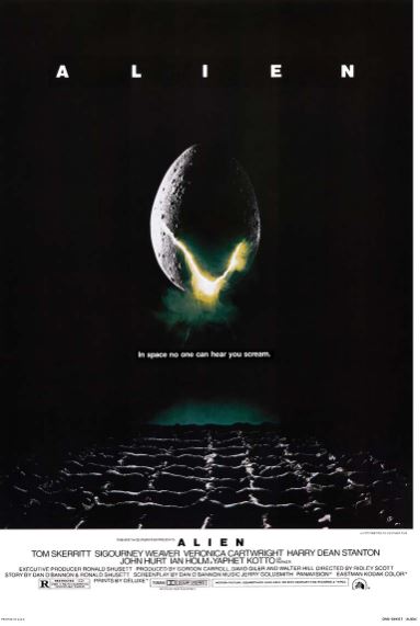 A poster featuring a cracked egg exuding a green glow in the center. The text displays: "ALIEN" and "In space no one can hear you scream." Cast names and credits are listed at the bottom. Associated with the Alien Movie Score by MTV 028.