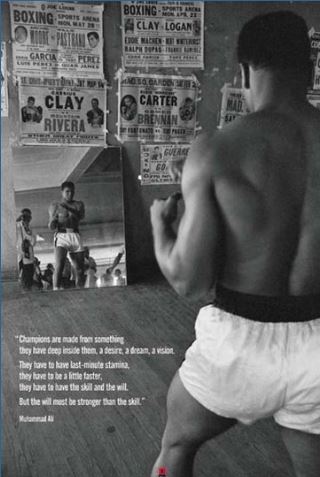 A black-and-white photo shows a boxer training before a mirror, with SPO 028's "Muhammad Ali - Gym" poster from the Sport Collection on the wall. The boxer's back and reflection appear, along with a Muhammad Ali quote at the bottom.