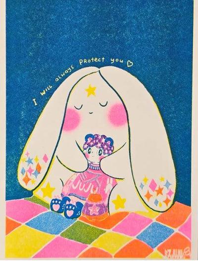 A cute bunny with long ears hugs a doll on a checkered floor, under the words “I will always protect you” with a heart. The Always Protect You Riso Print by Misu-Juju is available from Blue Dog Posters and radiates warmth and comfort.
