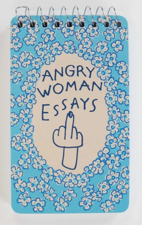 The Mini Notebook - Angry Woman Essays by Blue Dog Posters features a blue cover with a floral border, central "ANGRY WOMAN ESSAYS" text, and a hand displaying a middle finger—a bold space for women to express their anger.