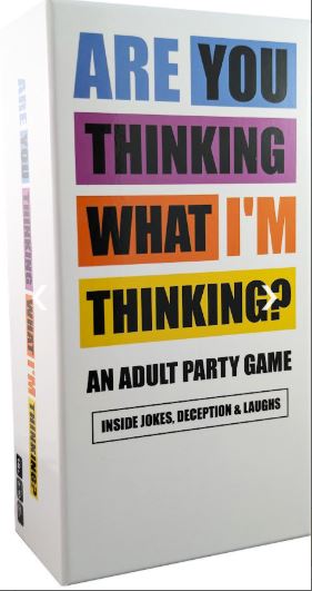 A white box from Blue Dog Posters displays bold, colorful text: "Are You Thinking What I'm Thinking?" This adult party game is full of inside jokes, deception, and laughs in vibrant blue, purple, pink, orange, yellow, and black.