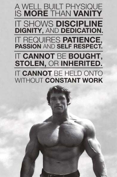 A muscular man poses shirtless outdoors with bold text about building a strong physique. The Arnold Schwarzenegger Quote by SPO 021 is available as a Large Poster on premium gloss paper.