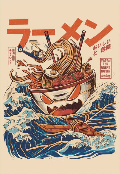 Illustration of a giant ramen bowl with fierce eyes, tentacle-like noodles, egg, and meat slices. The bowl rides stormy waves with chopsticks acting as boat oars, evoking the feel of Urban Art Posters. Japanese text alongside "The Great Ramen - Ilustrata" from ART 066 enhances the allure of this striking piece.