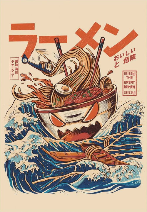 Illustration of a giant ramen bowl with fierce eyes, tentacle-like noodles, egg, and meat slices. The bowl rides stormy waves with chopsticks acting as boat oars, evoking the feel of Urban Art Posters. Japanese text alongside "The Great Ramen - Ilustrata" from ART 066 enhances the allure of this striking piece.