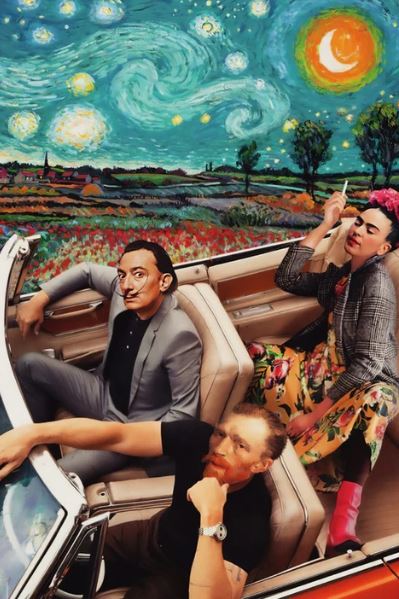 Three people styled as famous artists ride in a convertible under a "Starry Night" sky, merging classic art with modern life—the perfect scene from "Art Friends" by ALT 006, available as a premium gloss poster.