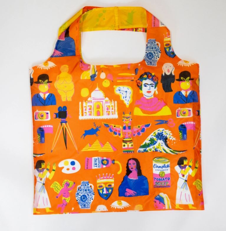 Introducing the Art History Art Sack by Blue Dog Posters, a vibrant and eco-friendly backpack adorned with colorful illustrations of iconic cultural and historical references. This unique sack features famous art pieces like Van Gogh's "Starry Night," The Great Wave, the Mona Lisa, Frida Kahlo, and more. Crafted from 100% recycled rPet and designed to be machine washable for your convenience.