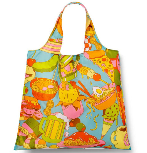 The Clay Hickson Gourmand Art Sack by Blue Dog Posters is a reusable, machine-washable recycled rPET bag with a bright blue cartoon food pattern featuring pizza, ramen, sushi, ice cream, and more.