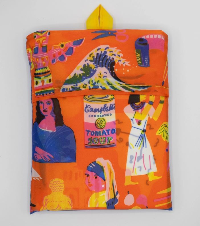 The Art History Art Sack by Blue Dog Posters showcases a vibrant orange fabric adorned with pop art elements such as a Campbell's Tomato Soup can, the Mona Lisa, and The Great Wave off Kanagawa. Crafted from 100% recycled rPet, this eco-friendly sack features a folded flap with a yellow loop for easy hanging or securing.