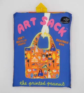 A folded reusable bag packaged in a blue cover with the text "Art History Art Sack," "100% RECYCLED rPET FABRIC," and "REUSABLE BAG." The cover displays an image of the bag featuring a colorful pattern with various art-related illustrations. Eco-friendly Art History Art Sacks by Blue Dog Posters are also machine washable.
