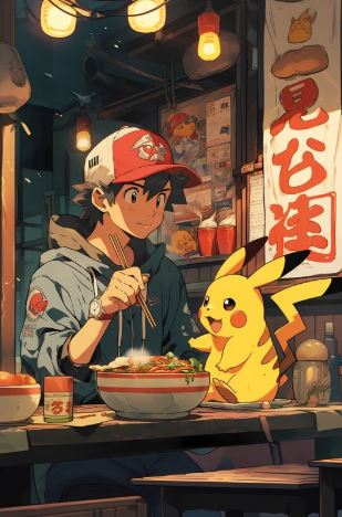 Pokemon Ash Ramen by MTV 388 features an anime-style boy in a red cap eating noodles with Pikachu amid glowing lanterns and Japanese signs—a must-have poster for fans of Japanese animation or Pokemon collectors.