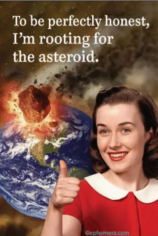 The Rooting For the Asteroid Magnet by Blue Dog Posters features a smiling woman giving a thumbs up before an asteroid hits Earth, with the text: "To be perfectly honest, I'm rooting for the asteroid." Perfect for your fridge!.
