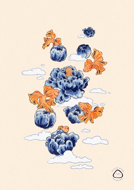 Awakening by Plain Rice Studios from Blue Dog Posters features four orange goldfish swimming around large blue flowers amid fluffy white clouds on a beige background, creating a whimsical, watercolor-inspired scene.