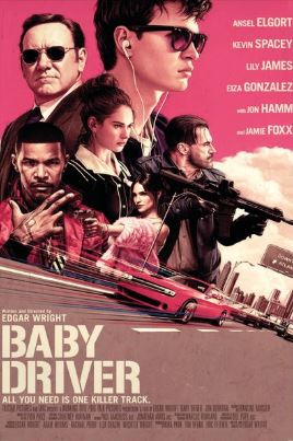 The MTV 124 Baby Driver poster shows the main cast on a pink background above a red car, with bold white title and "All you need is one killer track" tagline. Printed on premium gloss paper.