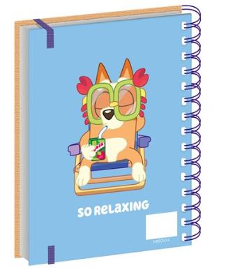 The Bluey So Relaxing Wiro Notebook by Blue Dog Posters features a cartoon dog in green goggles and red flippers relaxing on a chair with a drink. The blue A5 spiral cover says "SO RELAXING" in white text. Officially licensed design.