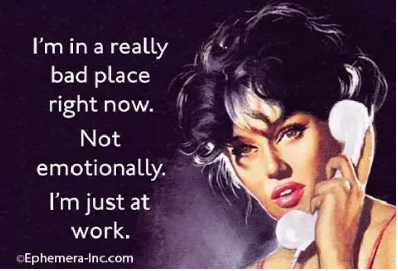 The Really Bad Place Magnet by Blue Dog Posters features a woman on the phone looking distressed, with the text: “I'm in a really bad place right now. Not emotionally. I'm just at work.” A funny fridge or locker accessory for a daily laugh.