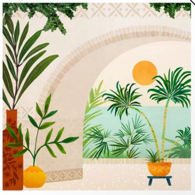 The "Baja Seaside by Modern Tropical" art print from GAL148 features an abstract tropical scene with potted plants and palm trees against an arched wall. A bright orange sun illuminates the textured background, while lush green foliage adds depth to this vibrant landscape.