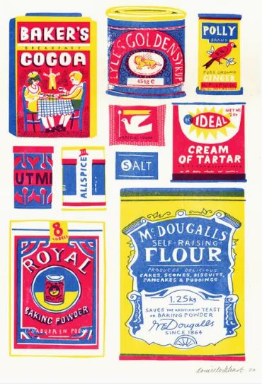 The "Baking Riso Print" by Printed Peanut from Blue Dog Posters features a vibrant illustrated collage of vintage food packaging, including iconic brands such as Baker's cocoa, Allspice, ELL. Golden Syrup, Polly tea, Ideal cream of tartar, UTM salt, Royal baking powder, and McDougall's self-raising flour. Dominated by bright red, yellow and blue hues, this Risograph print is created using eco-friendly inks.