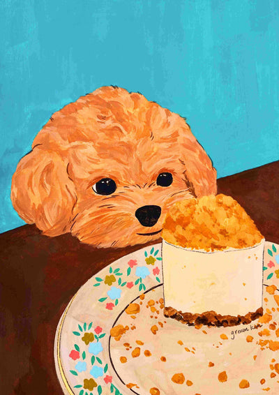 A fluffy brown dog peeks over a floral-patterned plate with crumb-topped cheesecake against a solid blue background in the "Bami and Dessert" poster by Blue Dog Posters.