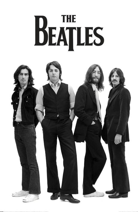 Four men in black-and-white attire stand against a white background with "The Beatles (Title)" above them—an iconic rock poster from MUS 072, perfect for any music collection.