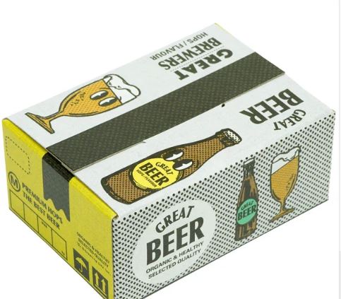 The Japanese Mini Sticker Box Beer by Blue Dog Posters has a cute cardboard box with retro graphics and bold black text. Its mostly gray and yellow design features a beer bottle, glass, and playful mini stickers for extra fun.