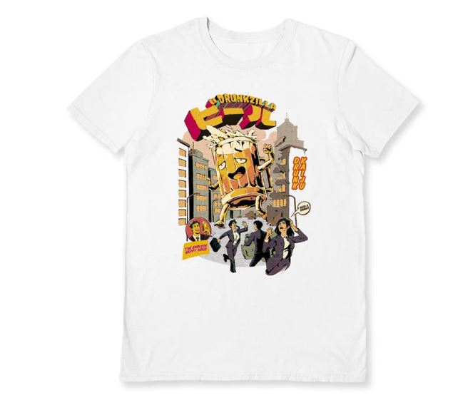 The Blue Dog Posters Beerzilla White T-Shirt (Large) features a comic-style giant beer glass rampaging through a city with bold Japanese text and "Drunkzilla"—a fun tee perfect for fans of quirky designs.