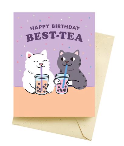 Blue Dog Posters' Best Tea Cats Birthday Card features two cartoon cats with bubble tea and "Happy Birthday Best-Tea" text on a purple, confetti background. Eco-friendly and printed in Canada, each card includes an envelope.