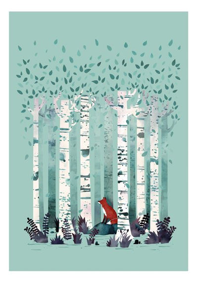 The Birches by Littleclyde, an A3 print from Blue Dog Posters, features a red fox sitting among ferns before tall white birch trees with green leaves on a pale teal background. Part of our Featured Artist Prints collection.