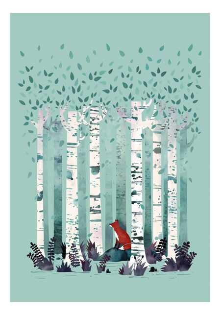 The Birches by Littleclyde, an A3 print from Blue Dog Posters, features a red fox sitting among ferns before tall white birch trees with green leaves on a pale teal background. Part of our Featured Artist Prints collection.