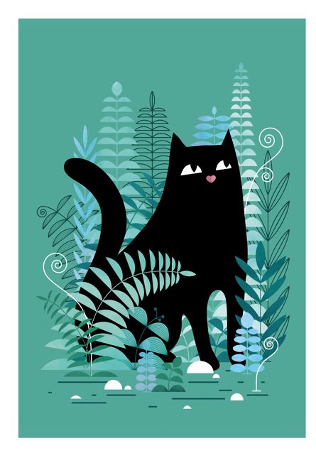 The Ferns by Littleclyde from Blue Dog Posters shows a black cat with white eyes and a pink nose among tall green leaves on a teal background. Available as an A3 Art Print, this illustration captures the cat's content and curious nature.
