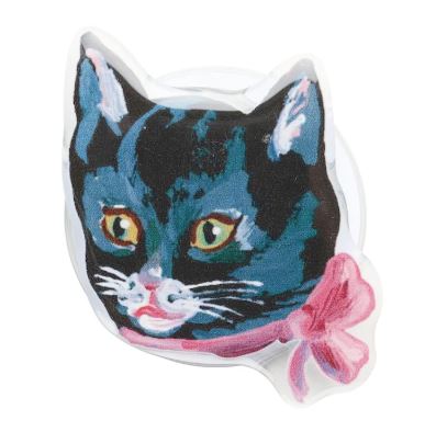 The Blue Dog Posters Magnetic Phone Grip - Black Cat features a black cat’s face with green eyes, pink inner ears, and a pink bow on a white background.