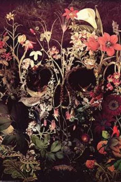 Bloom Skull by ART 026 features a dark, floral arrangement forming a human skull against a deep background—ideal as an Urban Art Poster on premium 150gsm gloss paper for large regular posters.