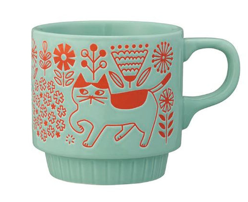 The Cat Flower Garden Aqua & Orange Japanese Mug by Blue Dog Posters features a light green ceramic design with a stylized red cat, folk-art flowers, plants, a handle, and a ridged base.