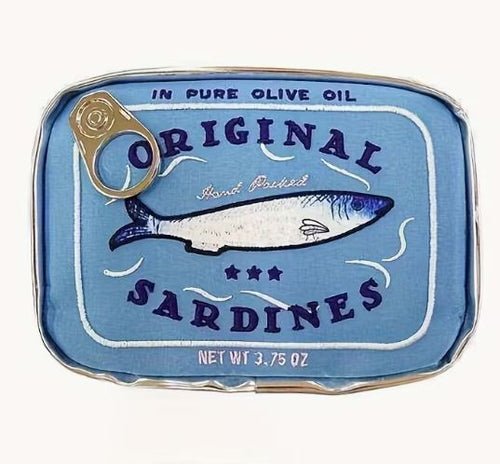 The Sardine Tin Bag Blue by Blue Dog Posters is a PU leather bag shaped like an "Original Sardines" can, featuring a fish illustration, pull-tab detail, small size, and labels reading "In Pure Olive Oil" and "Net Wt 3.75 oz.