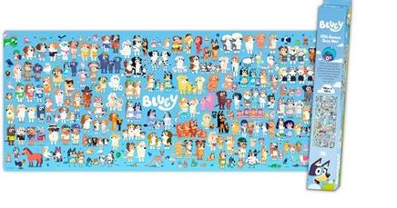 A vibrant 1000-piece Bluey puzzle with cartoon characters on a blue background, shown with the box upright—perfect for fans to enjoy alongside their Blue Dog Posters Bluey Characters - XXL Gaming Mat.